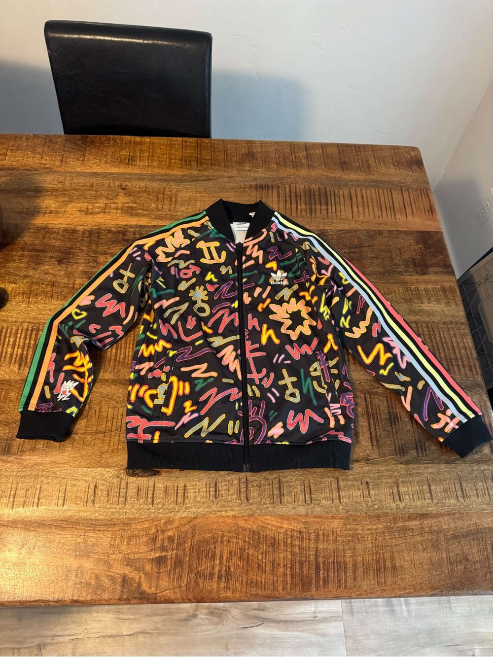 adidas Black Kids Scribble-Print Track Jacket with Multicolor Stripes